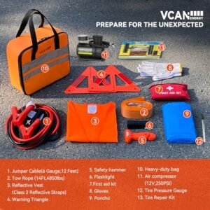 VCANENERGY Car Emergency Safety Kit with Air Compressor